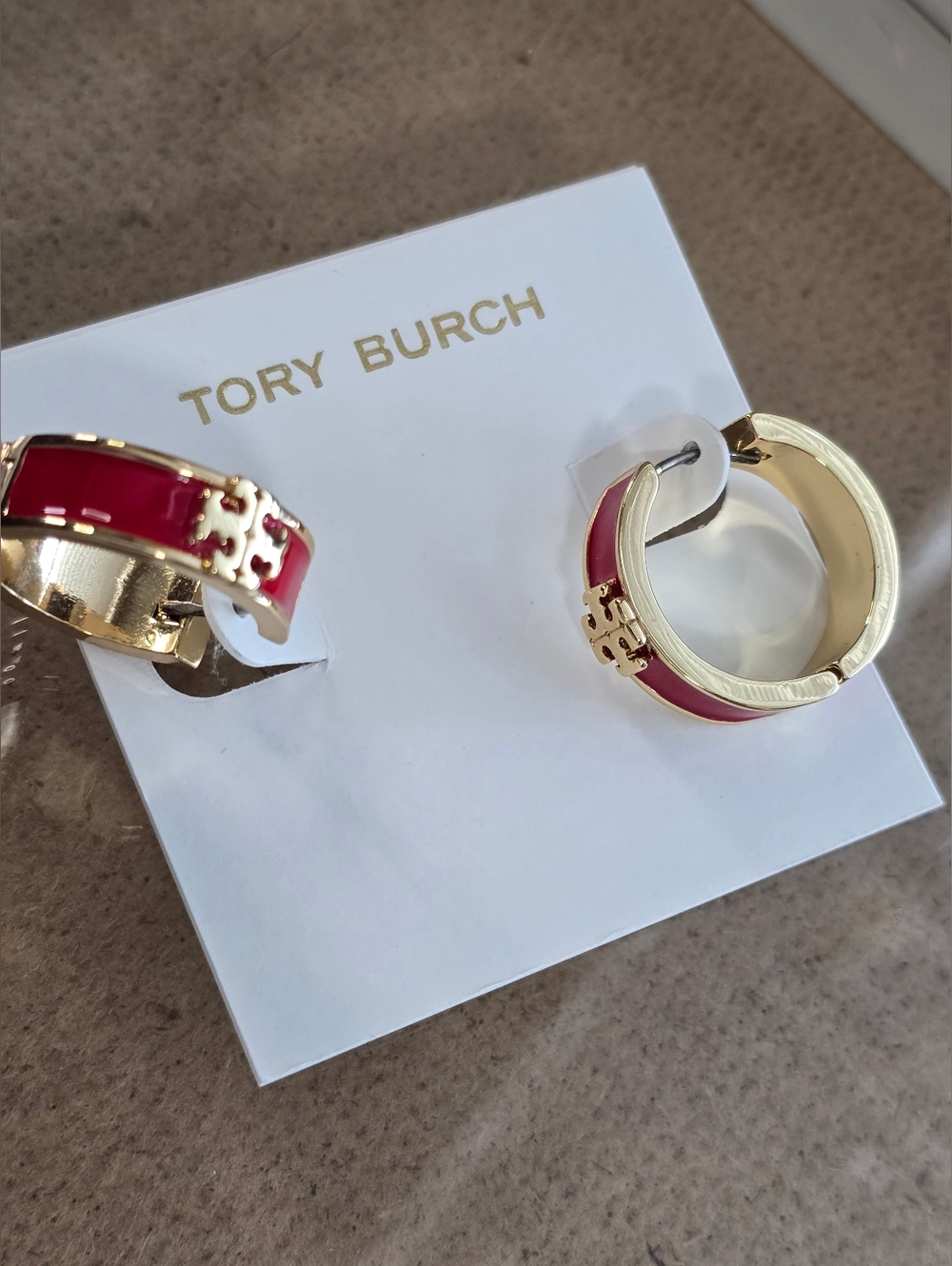 Tory Burch Gold & Red Enamel Hoop Earrings